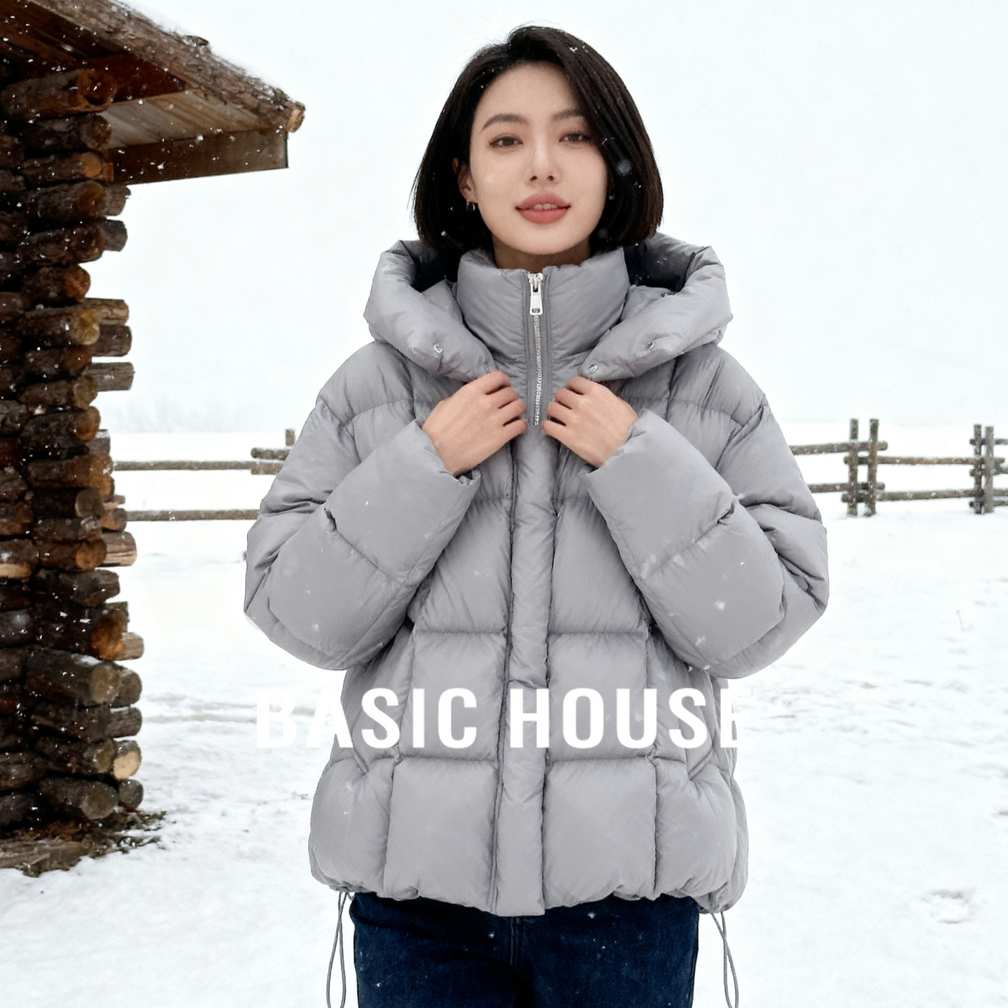 Basic House/百家好连帽白鸭绒方格外套冬季保暖黑色立领羽绒服女
