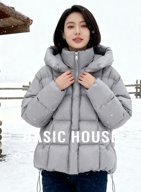 Basic House/百家好连帽白鸭绒方格外套冬季保暖灰色立领羽绒服女