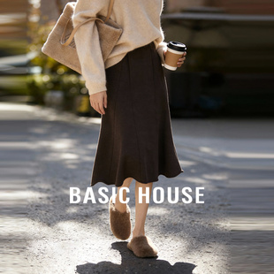 Basic House/百家好毛呢半身裙女款冬季羊毛a字伞裙纯色长款半裙