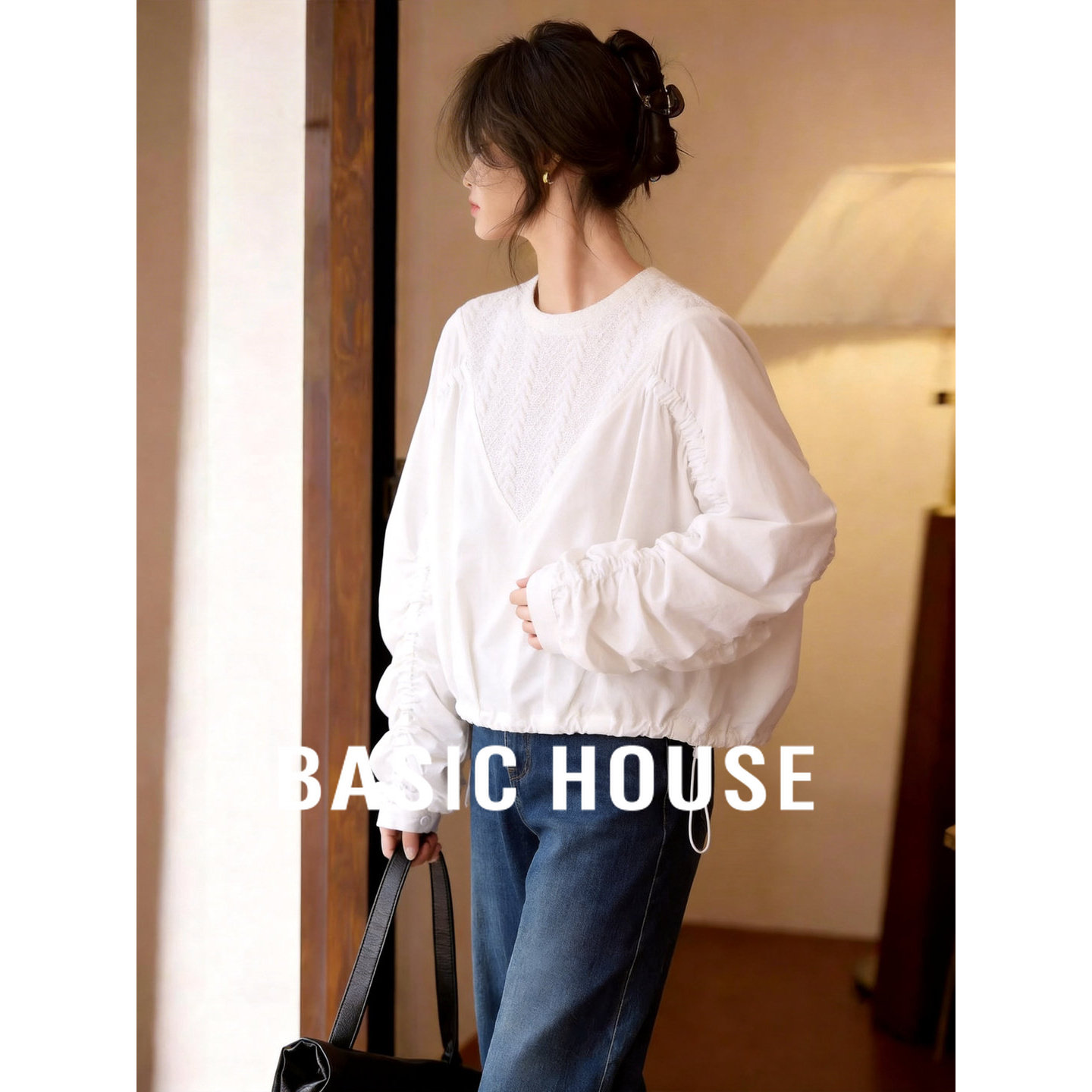 Basic House/百家好极简圆领拼接衬衫女夏季纯棉长袖宽松内搭衬衣