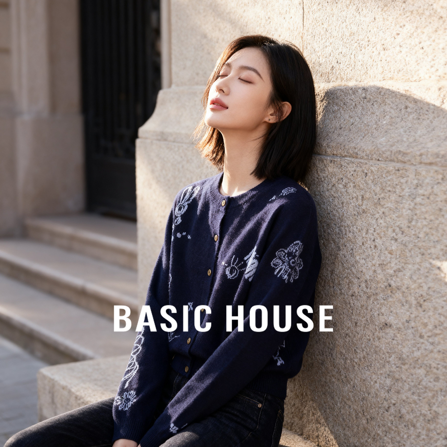 Basic House/百家好卡通刺绣开衫外套秋季绵羊毛圆领长袖针织衫女