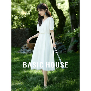 温柔高腰泡泡袖 Basic 新款 百家好V领盘扣连衣裙26夏季 A字裙 House