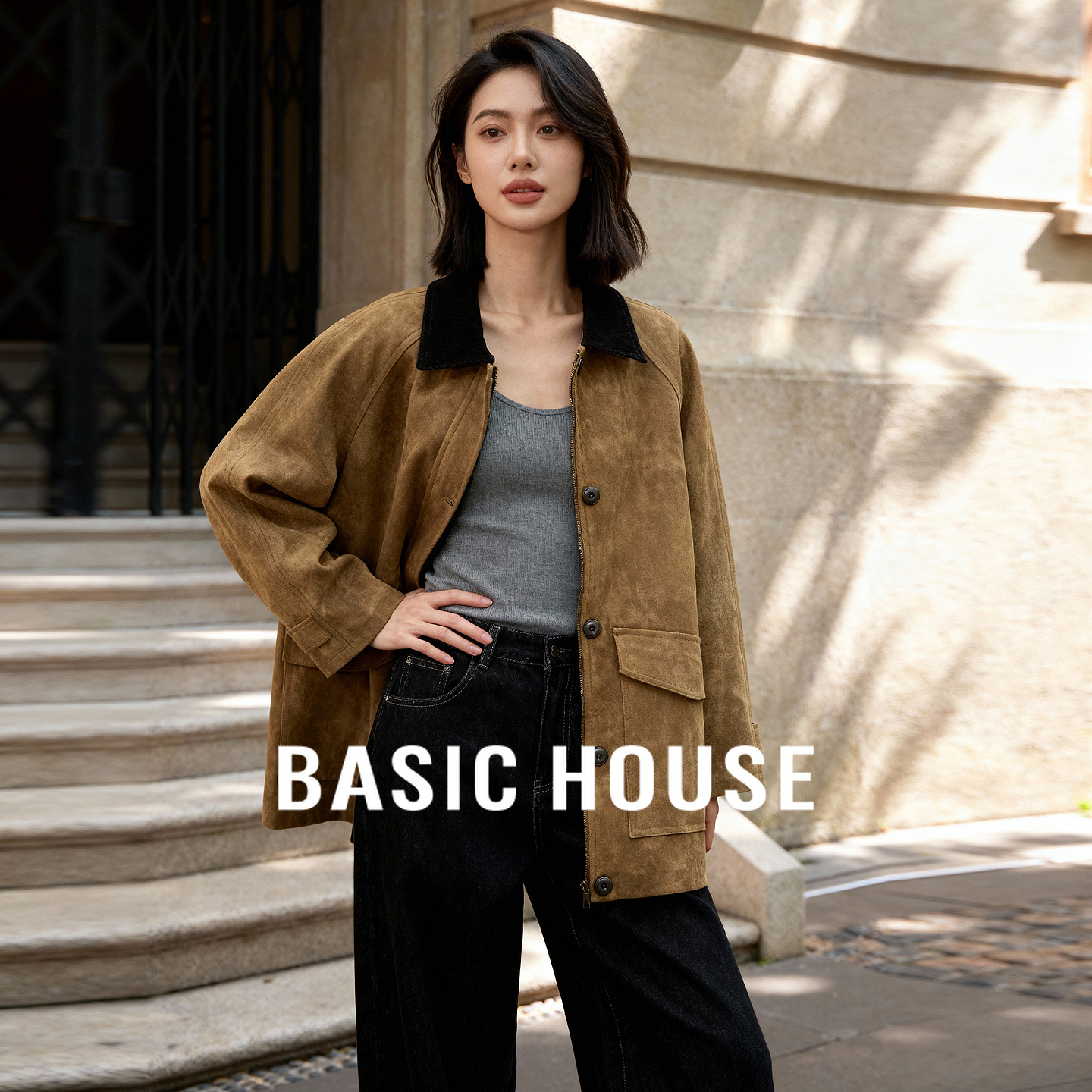 Basic House/百家好2025秋新款休闲风外套中长夹克复古仿麂皮外套