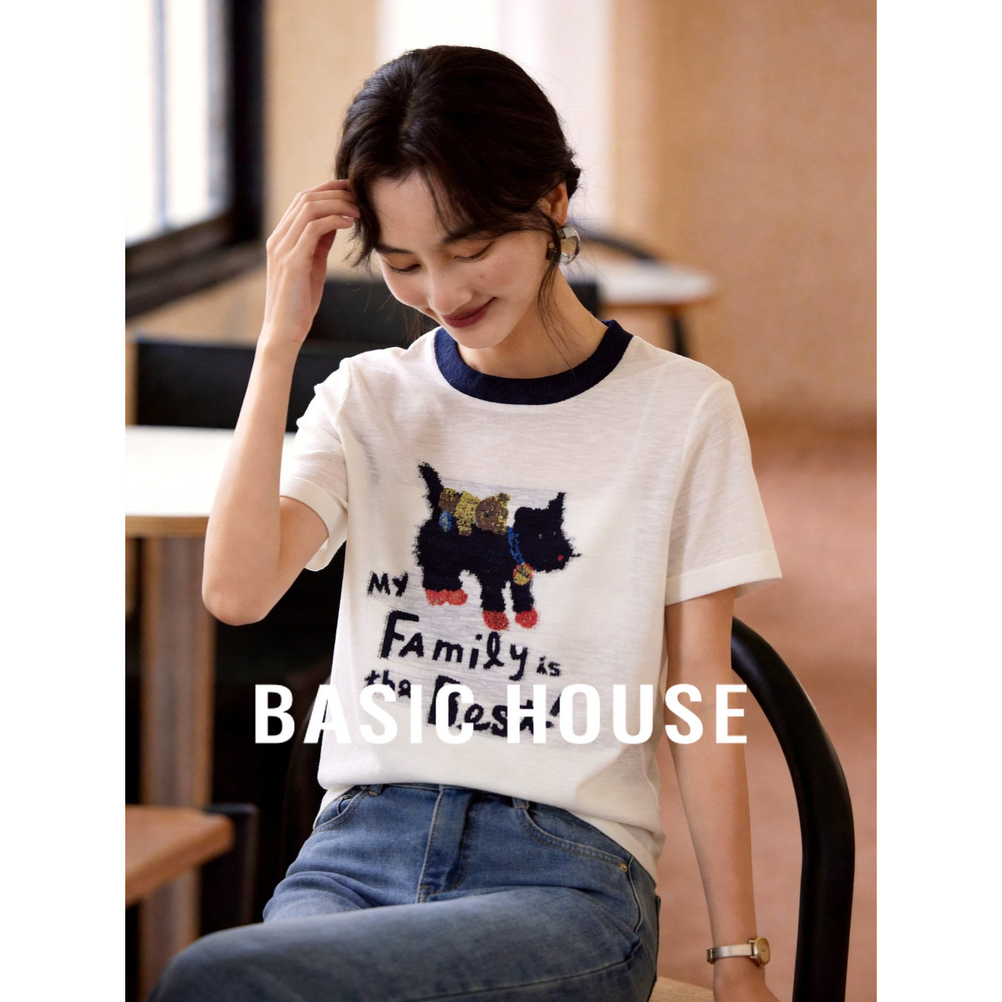 Basic House/百家好撞色圆领小狗短袖针织衫夏季新款休闲短款上衣