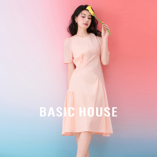 Basic House/百家好不规则拼接格子连衣裙夏新款圆领短袖中长裙子