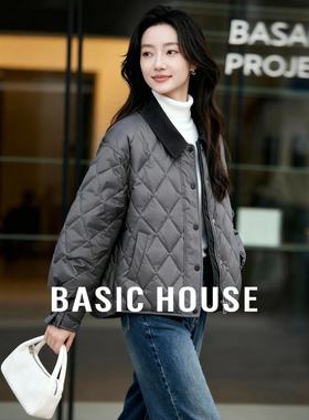 Basic House/百家好菱格纹羽绒服女2025冬季撞色翻领短款保暖外套