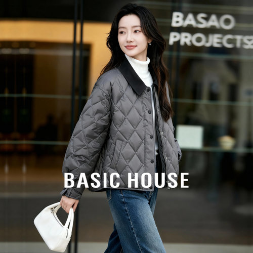 Basic House/百家好菱格纹羽绒服女2025冬季撞色翻领短款保暖外套