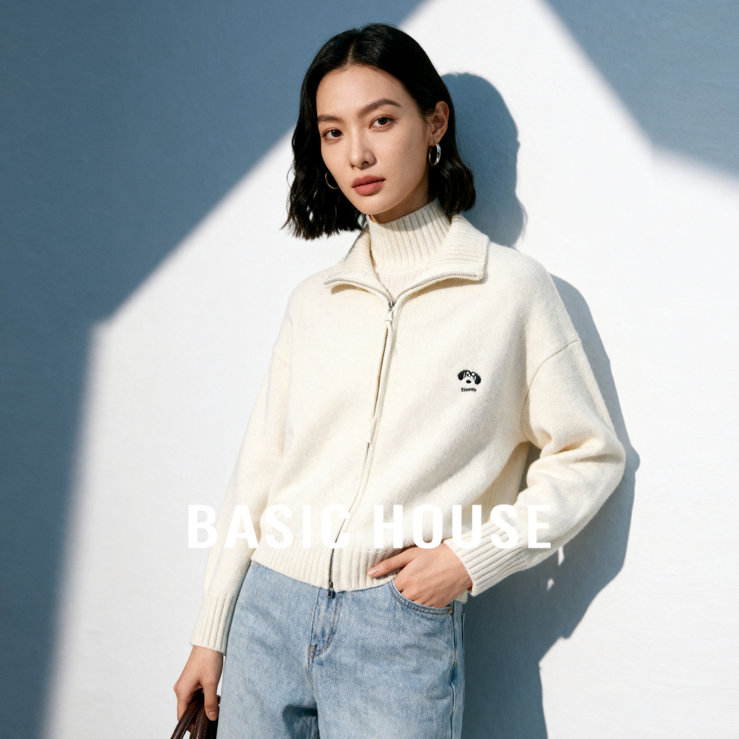 Basic House/百家好翻领双头拉链毛衣冬加厚时尚小狗刺绣开衫外套