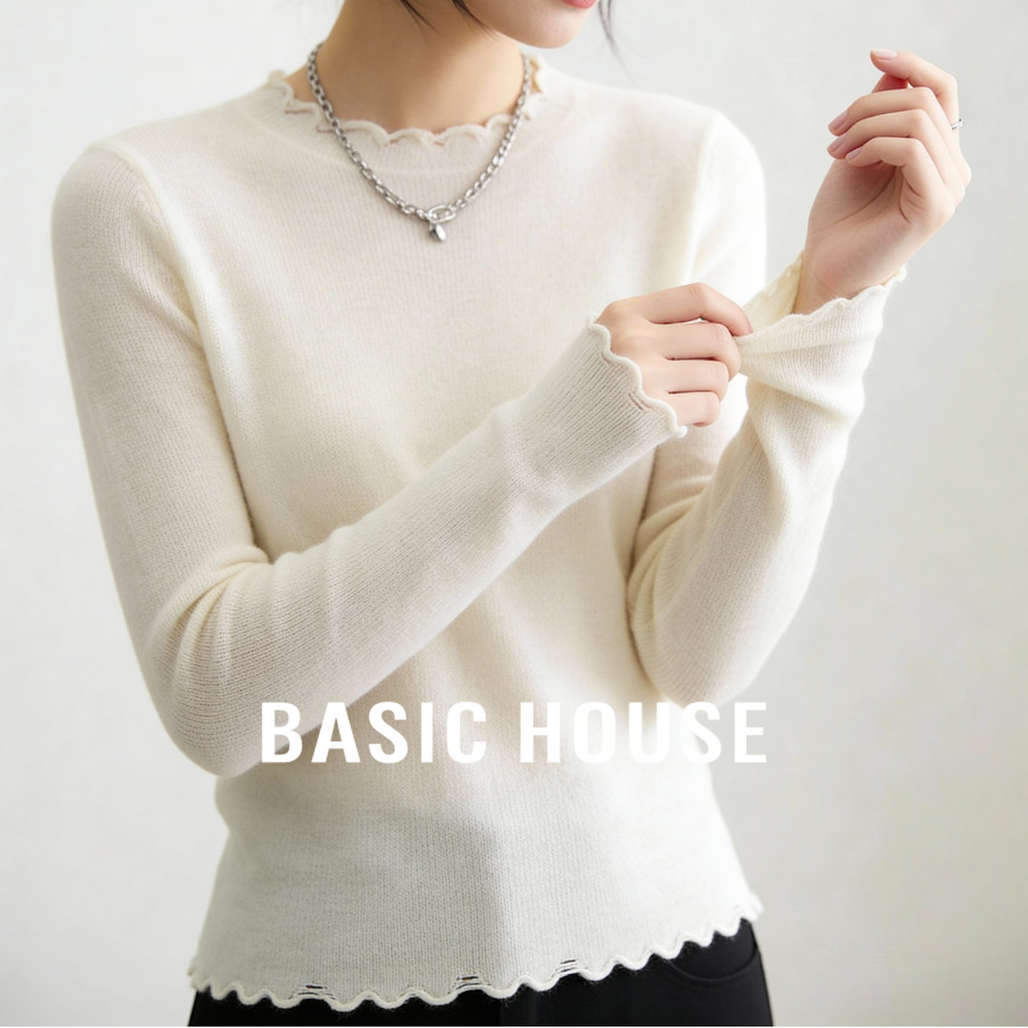 Basic House/百家好羊毛打底衫毛衣花边领大衣内搭纯色针织衫女冬