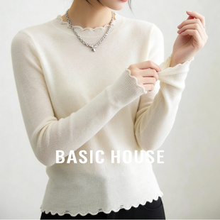 Basic House/百家好羊毛打底衫毛衣花边领大衣内搭纯色针织衫女冬