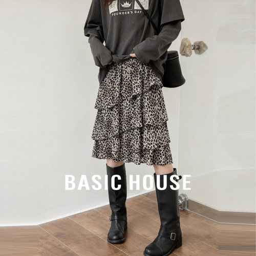 Basic House/百家好豹纹半身裙2026夏季新款高腰荷叶边A字蛋糕裙