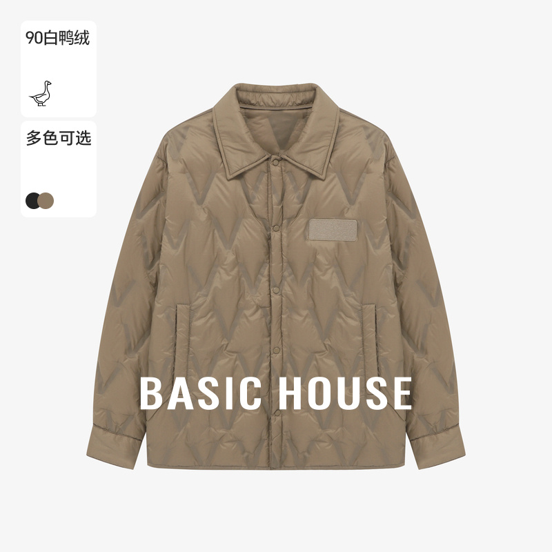 Basic House/百家好翻领菱格白鸭绒外套卡其色加厚保暖羽绒服冬季