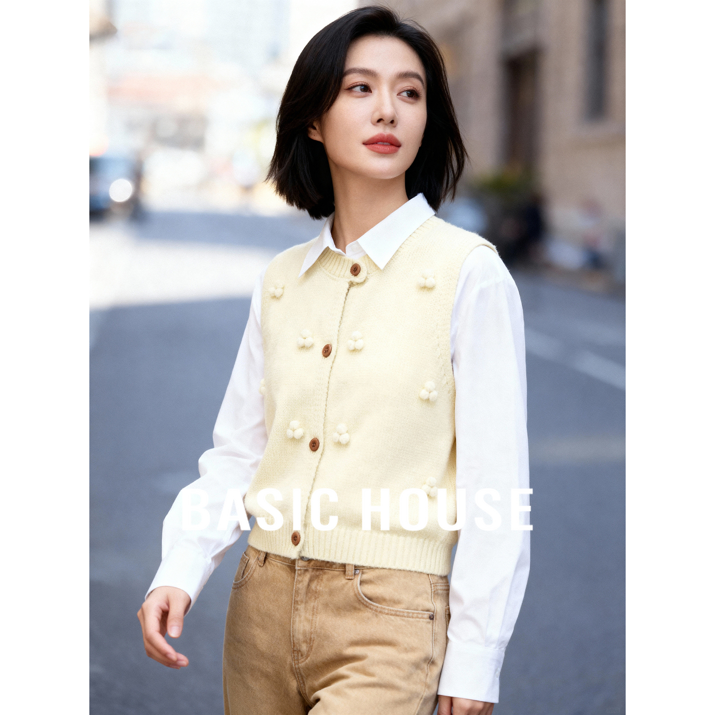 Basic House/百家好针织马甲女秋冬新款宽松叠穿百搭减龄马甲上衣