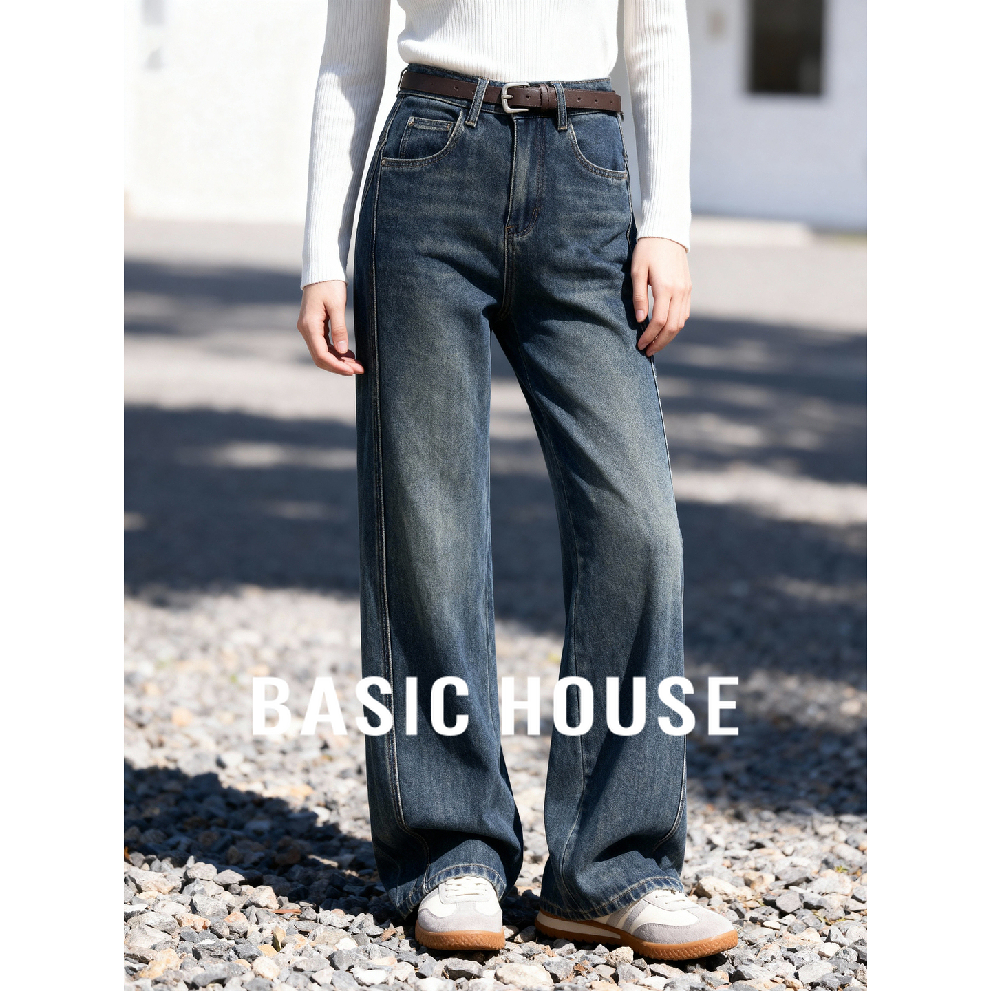 Basic House/百家好2025冬季新款加绒阔腿牛仔裤做旧加厚直筒长裤