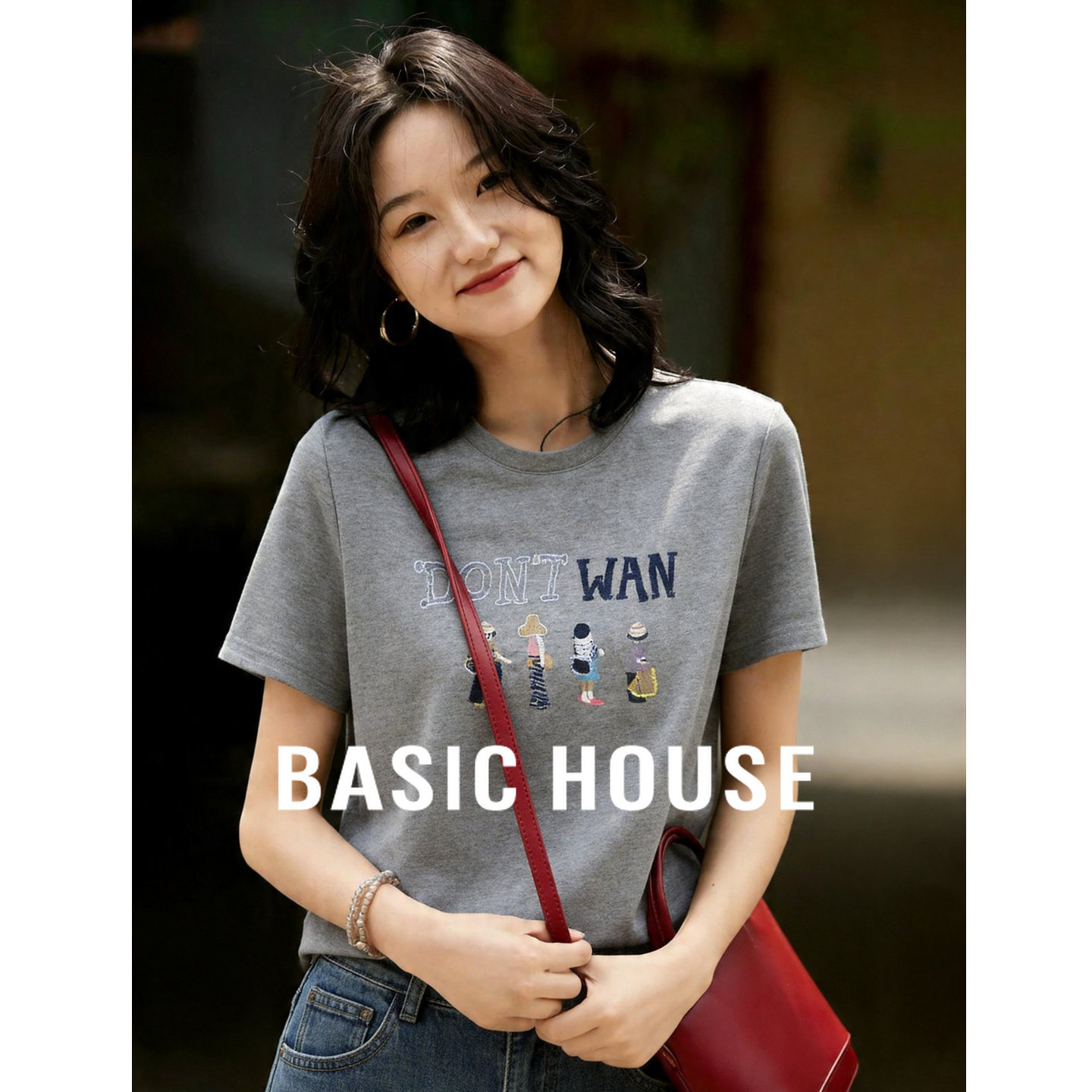 Basic House/百家好日系复古卡通刺绣T恤女夏宽松慵懒风短袖上衣