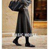 百家好加厚羊毛毛呢伞裙高腰法式 Basic House A字灰色半身裙秋冬