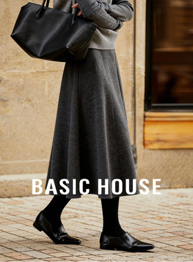 Basic House/百家好加厚羊毛毛呢伞裙高腰法式A字灰色半身裙秋冬