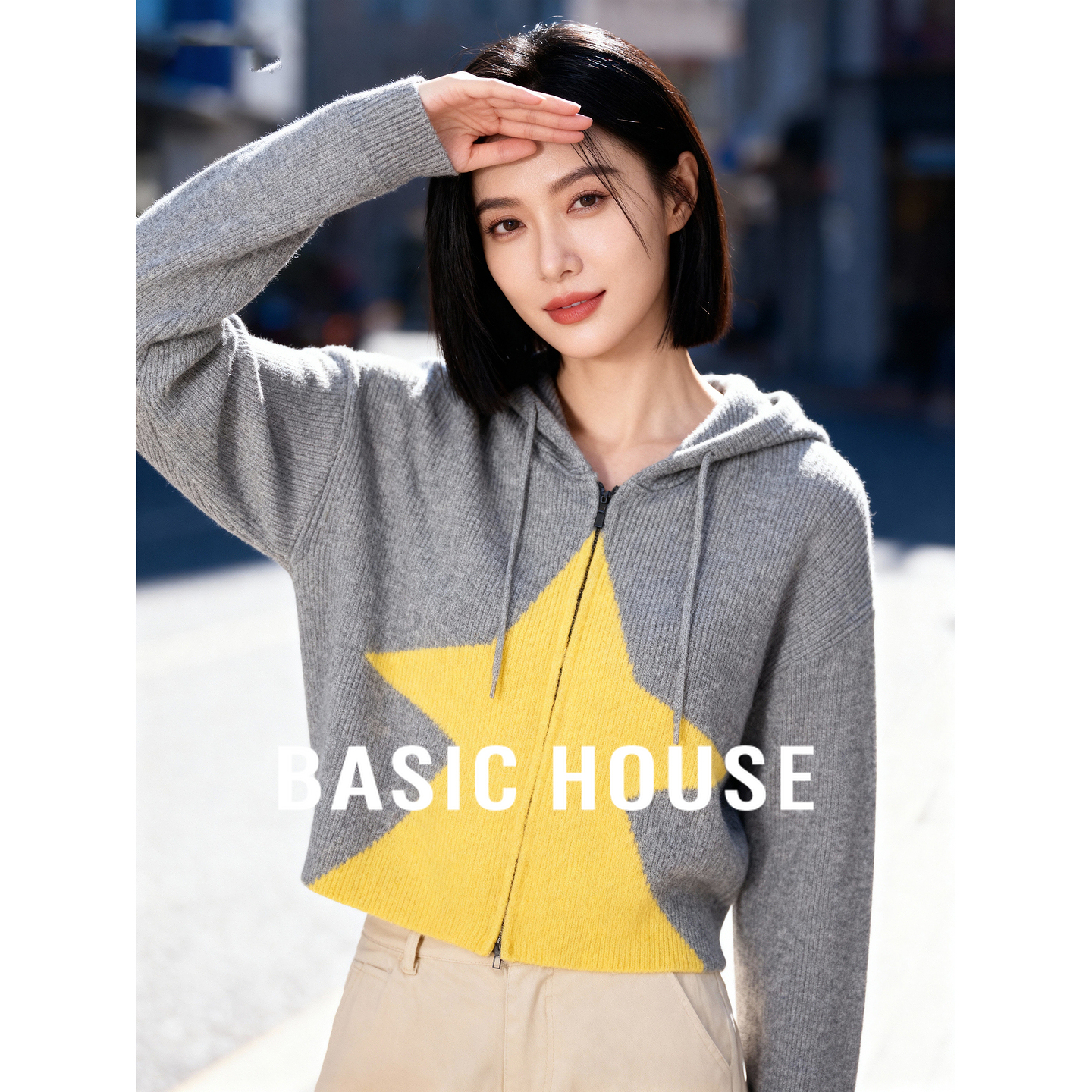 Basic House/百家好撞色星星连帽毛衣女秋季新款短款拉链开衫外套