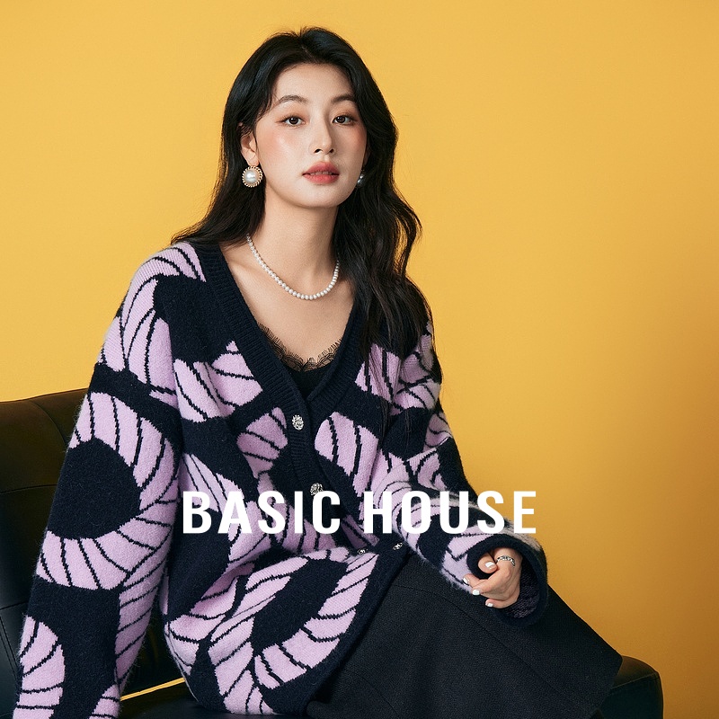 Basic House/百家好撞色V领毛衣开衫小众设计感宽松针织上衣秋冬