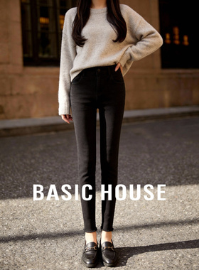 Basic House/百家好春季新款黑色紧身棉牛仔裤女修身气质女小脚裤