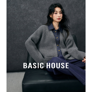 百家好假两件毛衣女秋冬季2025新款上衣翻领针织开衫牛仔拼接外套