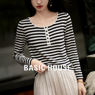 黑白条纹亨利领针织衫 百家好经典 女长袖 修身 Basic 打底衫 House