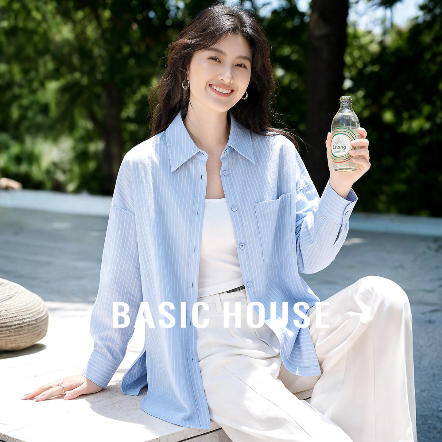 Basic House/百家好松弛感蓝色条纹纯棉衬衫女夏宽松显瘦长袖上衣