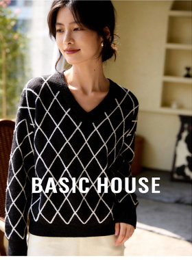 百家好黑色亮丝菱格针织衫26春季新款V领宽松显瘦气质毛衣女上衣