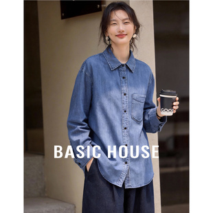百家好莱赛尔复古蓝色牛仔衬衫女春季薄款垂感小个子叠穿上衣外套