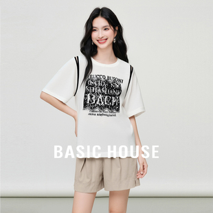 夏季 Basic 针织衫 百家好撞色刺绣短袖 日常露肩套头圆领上衣 House