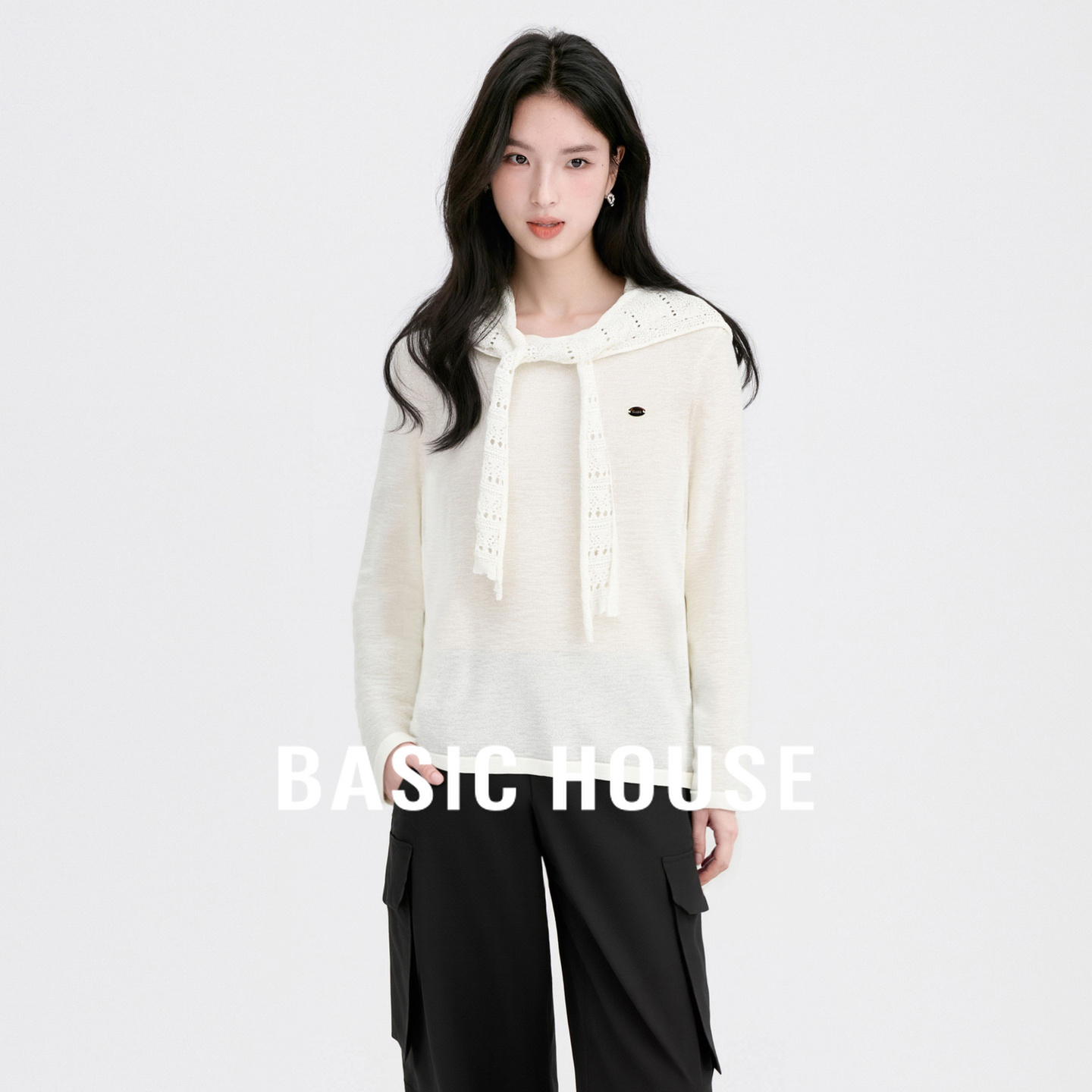Basic House/百家好蕾丝领结设计甜美风秋季新款优雅长袖针织衫女