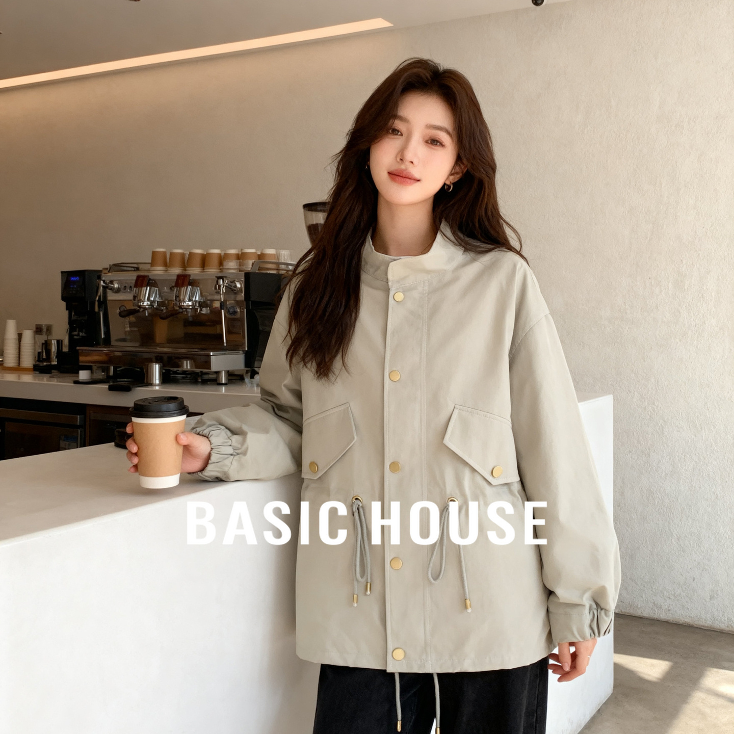 Basic House/百家好简约工装风外套2025秋季双口袋抽绳设计感上衣