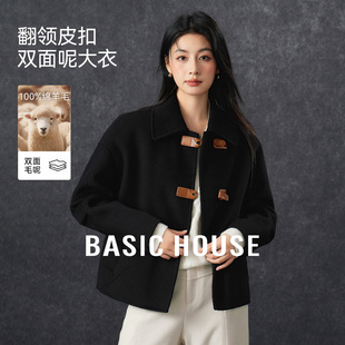 Basic House/百家好翻领复古皮扣毛呢大衣女冬季绵羊毛双面呢外套