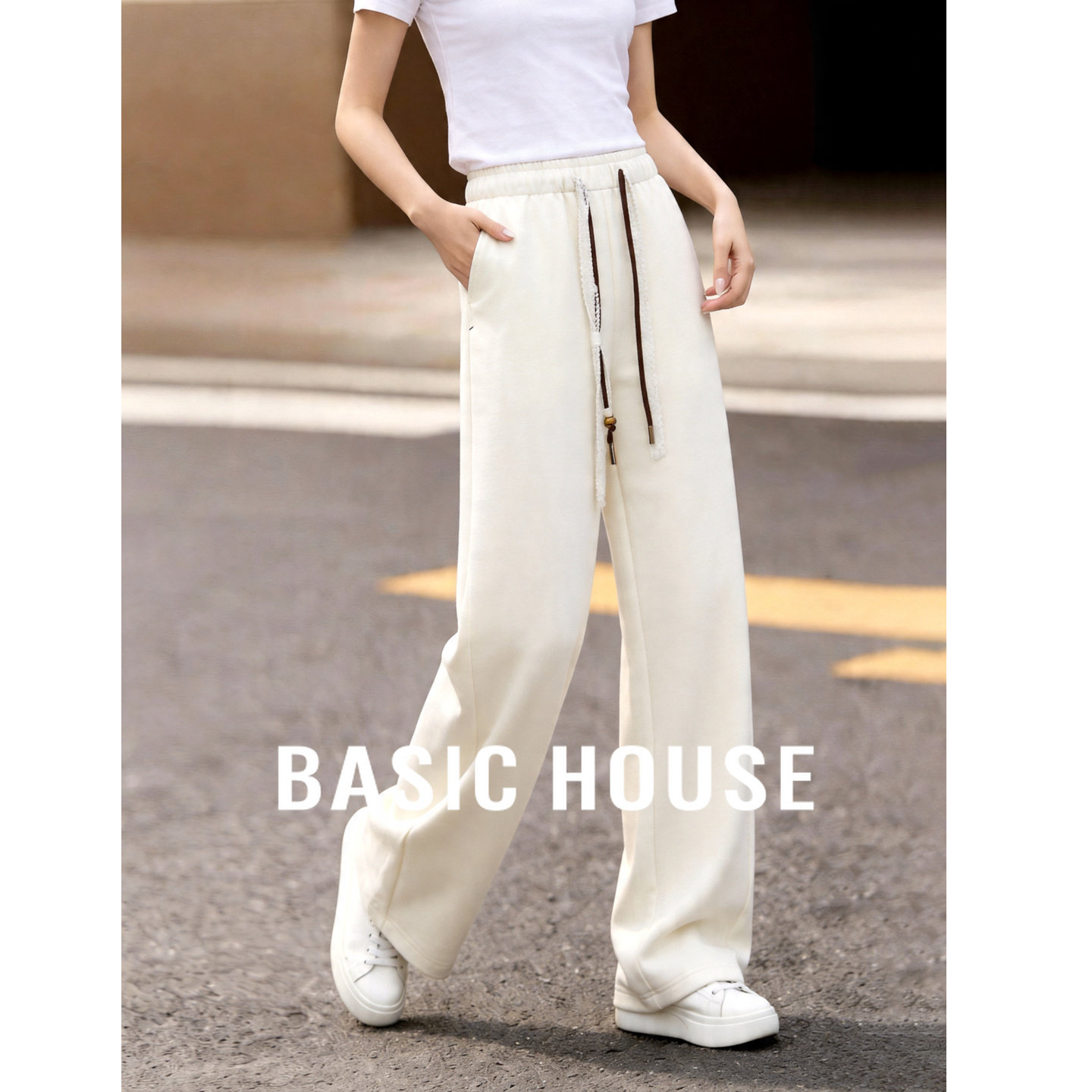 Basic House/百家好抽绳休闲裤女2026春夏高腰垂感遮肉阔腿香蕉裤