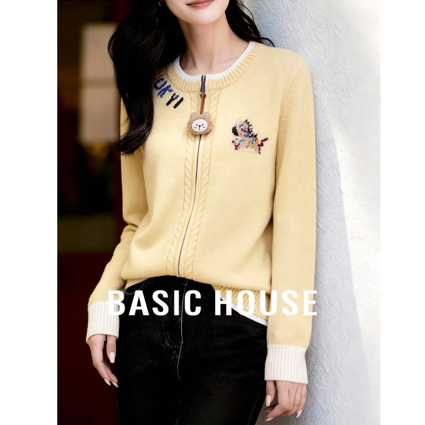 Basic House/百家好小熊拉链针织开衫女春新款宽松小个子毛衣外套