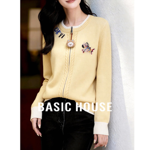 Basic House/百家好小熊拉链针织开衫女春新款宽松小个子毛衣外套