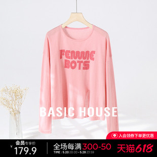 百家好字母印花开叉T恤春季 绵羊毛圆领长袖 House Basic 上衣