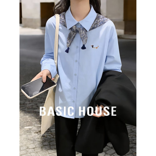 百家好蓝色长袖衬衫女士春季