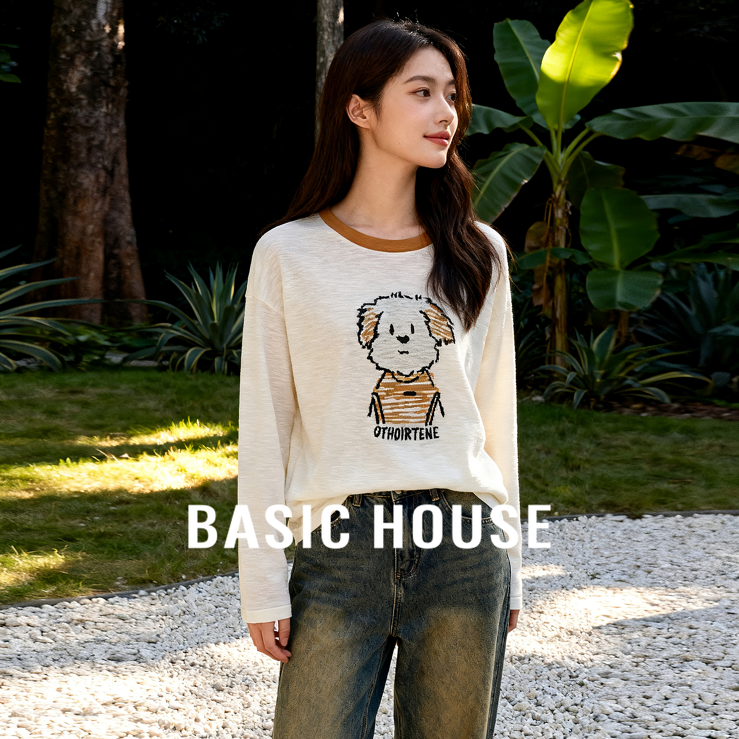 Basic House/百家好童趣长袖上衣2025秋冬小狗印花撞色领口针织衫