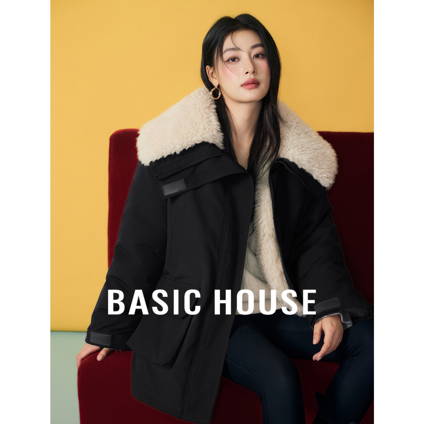 Basic House/百家好毛毛翻领黑色棉服女冬季中长款宽松保暖外套