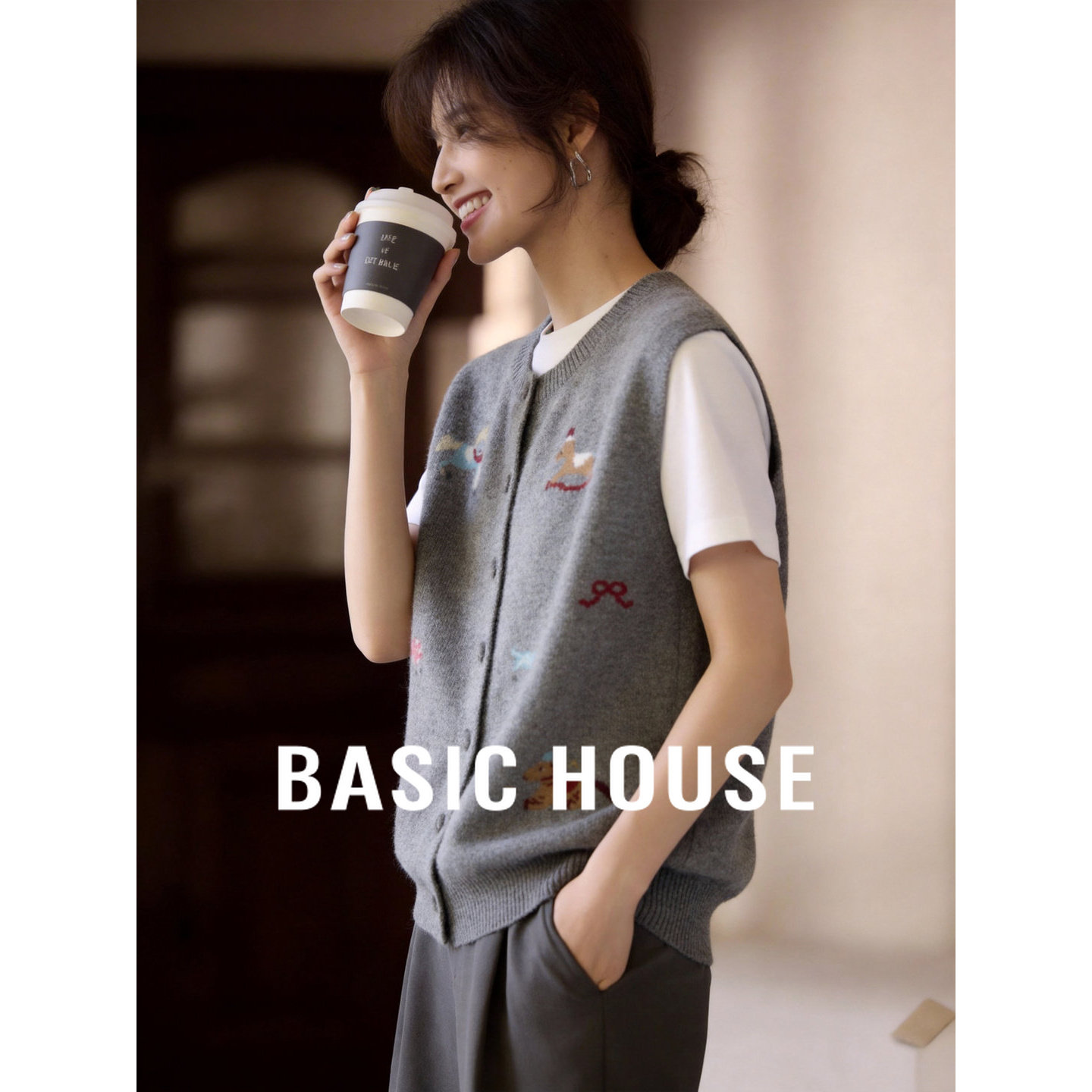 Basic House/百家好气质提花针织背心女羊毛开衫叠穿马甲减龄上衣