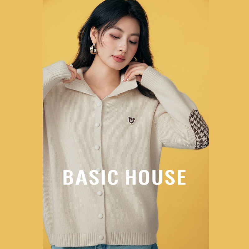 Basic House/百家好韩版灰色高领开衫外套冬季新款宽松单排扣毛衣