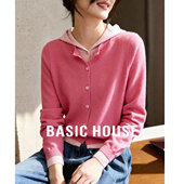 Basic 连帽撞色单排扣外套 女2026春季 House 百家好假两件针织开衫