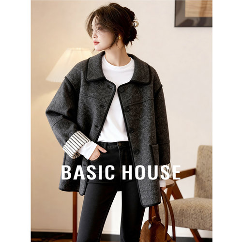Basic House/百家好深灰色翻领仿皮毛一体外套撞色条纹宽松大衣女