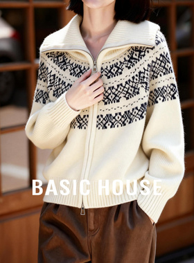 Basic House/百家好复古费尔岛翻领白色毛衣女款冬季新款毛衫外套