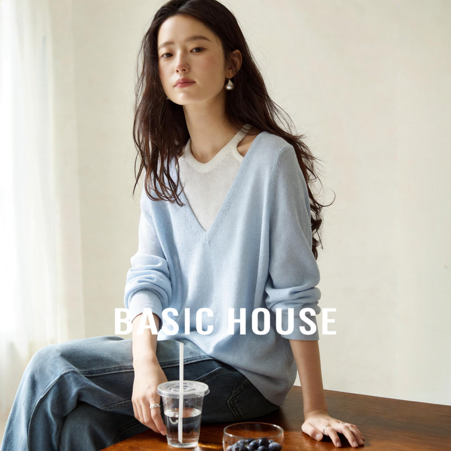 Basic House/百家好假两件V领针织衫女春夏宽松长袖薄款透气上衣
