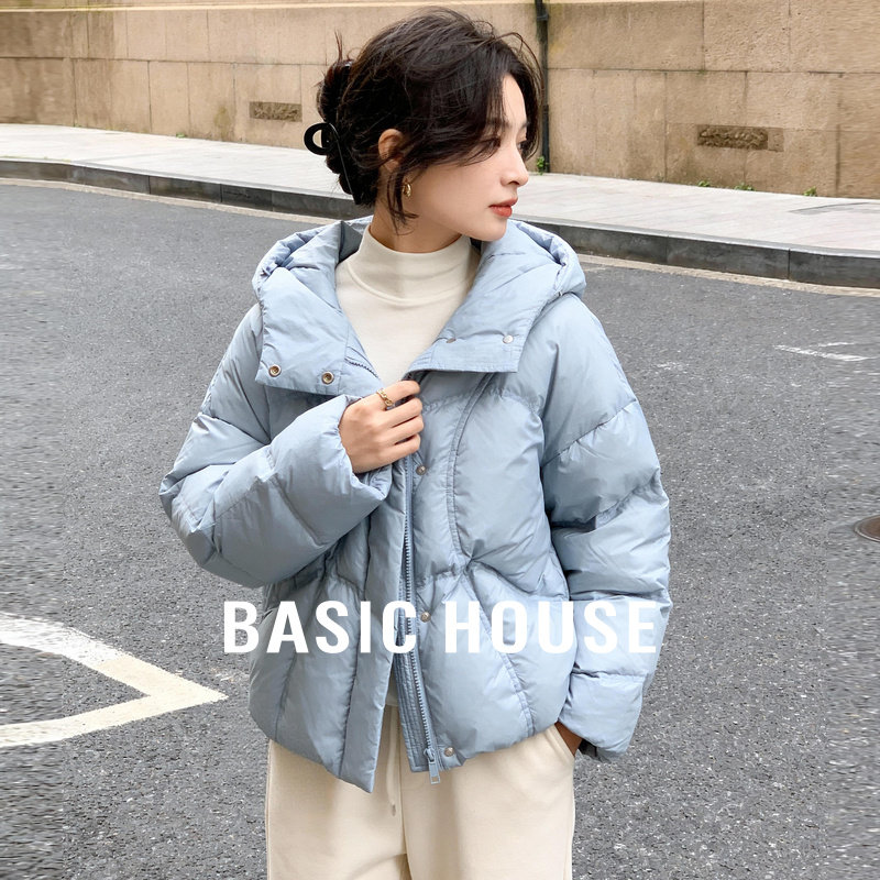 Basic House/百家好立领蓝色羽绒服女2025冬新款短款连帽保暖外套,女装/女士精品,羽绒服,淘宝优惠券,粉丝福利购,淘宝优惠卷