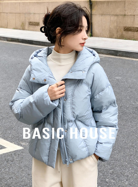 Basic House/百家好立领蓝色羽绒服女2025冬新款短款连帽保暖外套