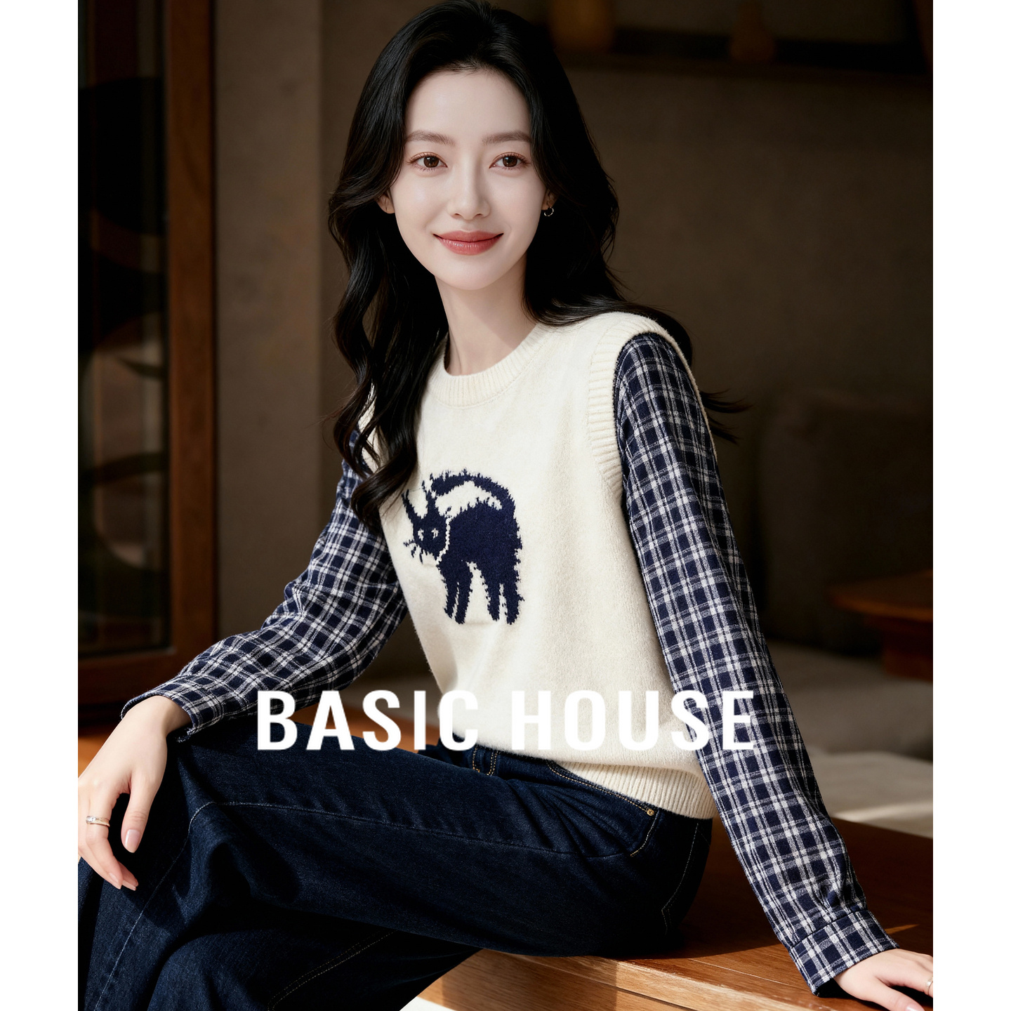 Basic House/百家好假两件针织衫女2025秋冬格纹拼接圆领长袖上衣