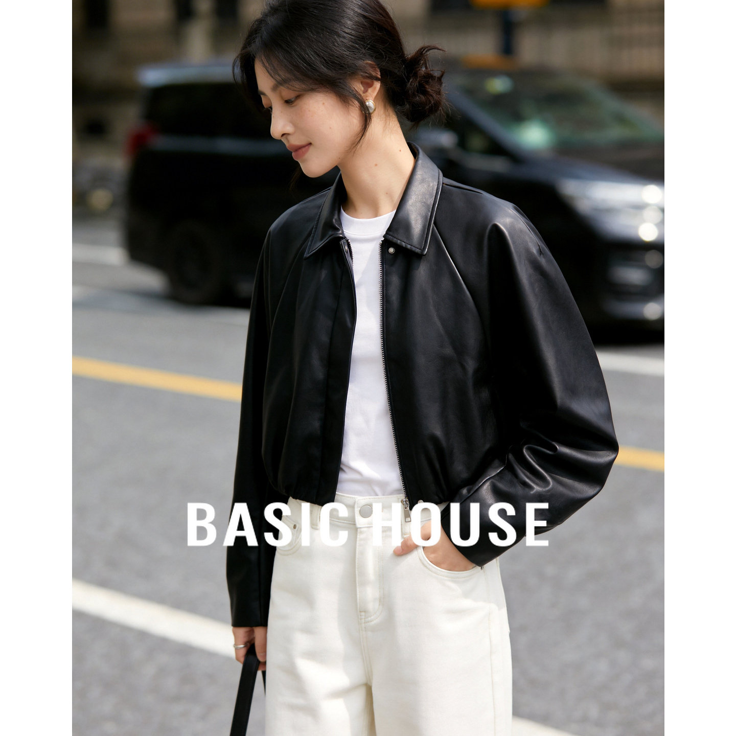 Basic House/百家好黑色短款皮衣外套春季翻领复古小个子机车夹克